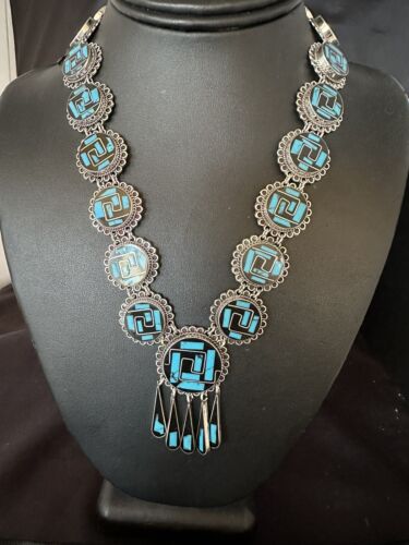 Navajo Sterling Silver Turquoise Onyx Choker Necklace | Inlay Pendant | 18" | 15535