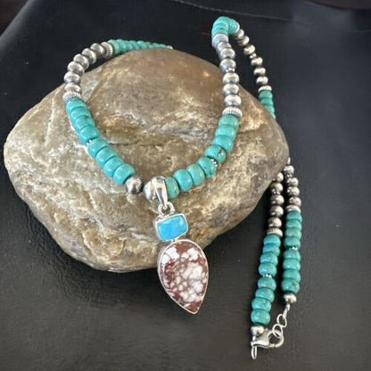 Navajo Wild Horse | Blue Kingman Turquoise Pendant Necklace | Sterling Silver | Native American Handmade | 17578