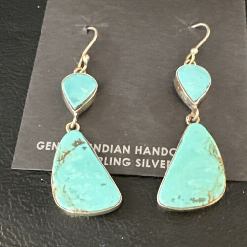 Navajo Blue Kingman Turquoise Dangle Earrings | Sterling Silver | Authentic Native American Handmade | 15102