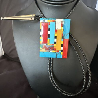 Men's Turquoise Orange Spiny Oyster Bolo Tie | Santo Domingo | Sterling Silver | 15500