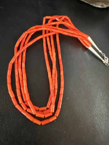 Navajo Orange Coral Tube Heishi Bead Necklace | Sterling Silver | 18" | Authentic Native American Handmade | 15281