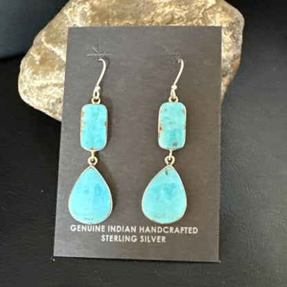 Navajo Blue Kingman Turquoise Dangle Earrings | Sterling Silver | Authentic Native American Handmade | 15123