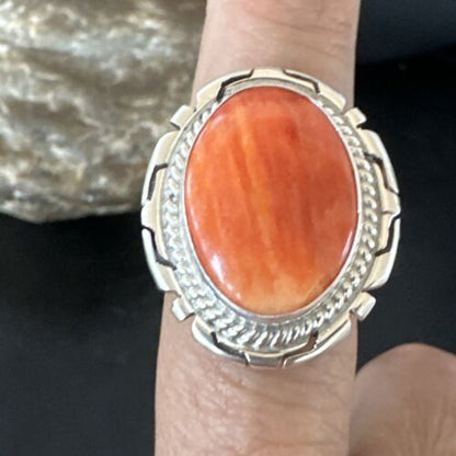 Women's Orange Spiny Oyster Ring | Navajo Sterling Silver | Sz 8.5 | Authentic Native American Handmade | 16032