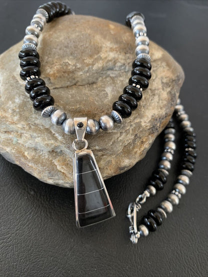 Navajo Black Onyx Bead Inlay Pendant Necklace | Sterling Silver | Native American Handmade | 01939