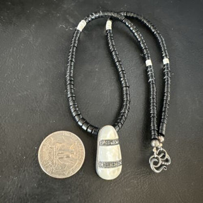 Navajo Mother of Pearl & Onyx Heishi Necklace | Sterling Silver | Authentic Native American Handmade | 18" | 15264