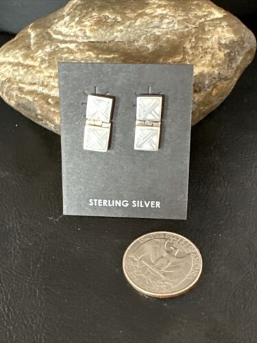 Navajo White Buffalo Turquoise Inlay Post Earrings | Sterling Silver | Authentic Native American Handmade | 15312
