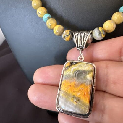 Men's BumbleBee Jasper Pendant Necklace | Navajo Pearls | Sterling Silver | Authentic Native American Handmade | 16874