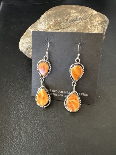 Navajo Orange Spiny Oyster Dangle Earrings | Sterling Silver | 1.5" | Authentic Native American Handmade | 16574