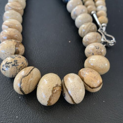 Native American Women's Graduated Picture Jasper & Onyx Necklace | Sterling Silver 26" | 1767