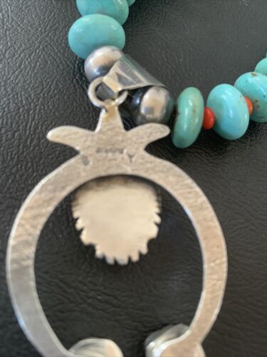 Navajo Blue Turquoise Coral Naja Pendant Necklace | Sterling Silver | Authentic Native American Handmade | 02082