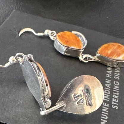 Navajo Orange Spiny Oyster Dangle Earrings | Sterling Silver | 1.5" | Authentic Native American Handmade | 16567