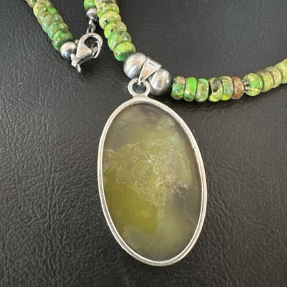 Navajo Green Turquoise Pendant Necklace | Sterling Silver | Authentic Native American Handmade | 16919