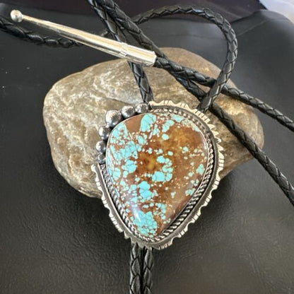 Men's Blue Turquoise #8 Bolo Tie | Navajo Sterling Silver | Authentic Native American Handmade | 16811