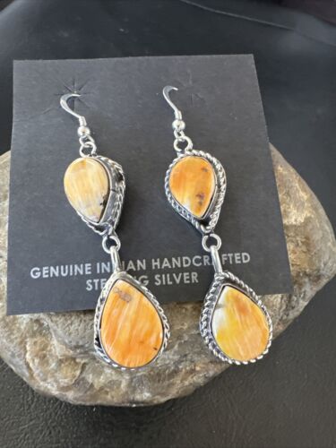 Navajo Orange Spiny Oyster Dangle Earrings | Sterling Silver | 1.5" | Authentic Native American Handmade | 16575