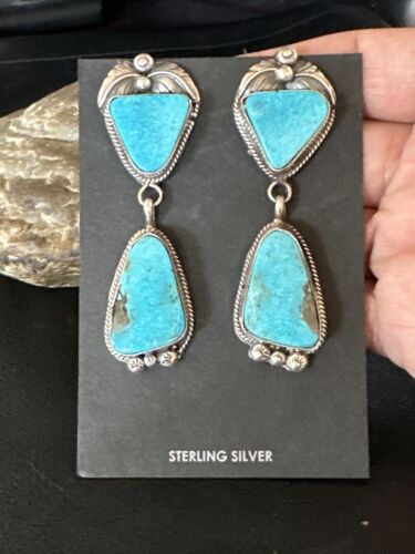 Kingman Turquoise Dangle Earrings | Navajo Handmade | Sterling Silver | Authentic Native American | 14877