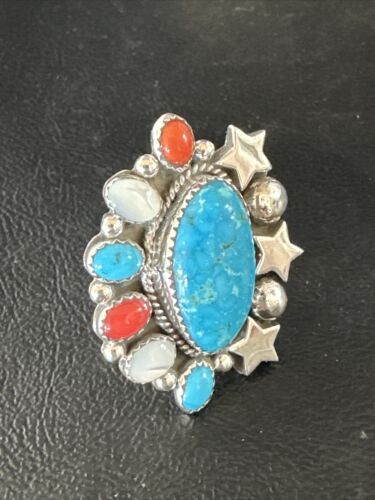 Navajo Coral Mother of Pearl Turquoise Multi-Stone Adjustable Ring | Authentic Native American Sterling Silver | Multi-Stone | 15331