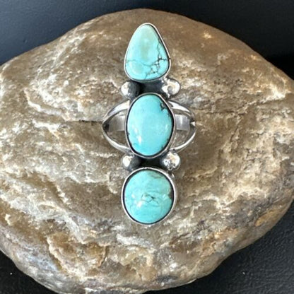 Navajo Blue Dry Creek Turquoise Cluster Ring | Authentic Native American Sterling Silver | Multi-Stone | Sz 8 | 17840