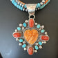 Navajo Turquoise Coral Spiny Heart Pendant | Sterling Silver 3-Strand Necklace | Authentic Native American Handmade | 16303