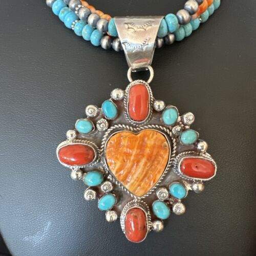 Navajo Turquoise Coral Spiny Heart Pendant | Sterling Silver 3-Strand Necklace | Authentic Native American Handmade | 16303