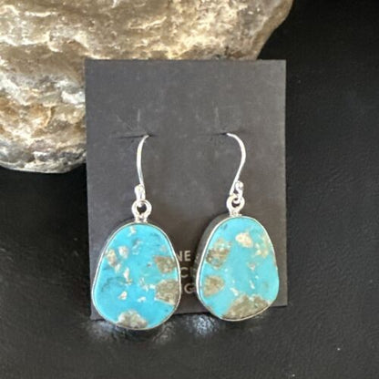 Navajo Blue Turquoise Dangle Earrings | Sterling Silver | Authentic Native American Handmade | 15433