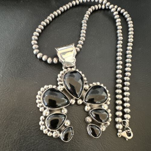 Men's Black Onyx Naja Pendant Necklace | Navajo Pearls | Sterling Silver | Authentic Native American Handmade | 16102