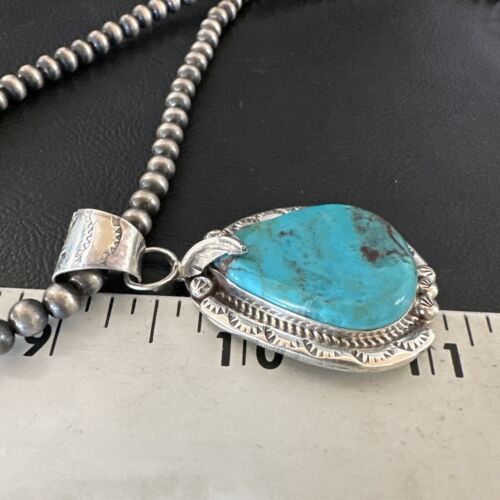 Men's Blue Kingman Turquoise Pendant Necklace | Navajo Pearls | Sterling Silver | 16021