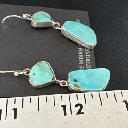 Navajo Blue Kingman Turquoise Dangle Earrings | Sterling Silver | Authentic Native American Handmade | 15118