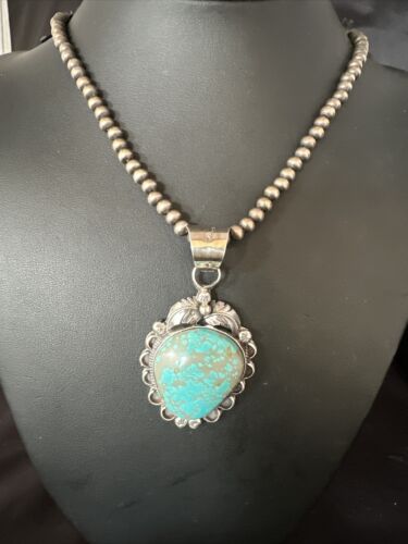 Navajo Pearls Sterling Silver Necklace with Blue Turquoise #8 Pendant | Authentic Native American Handmade | 14858