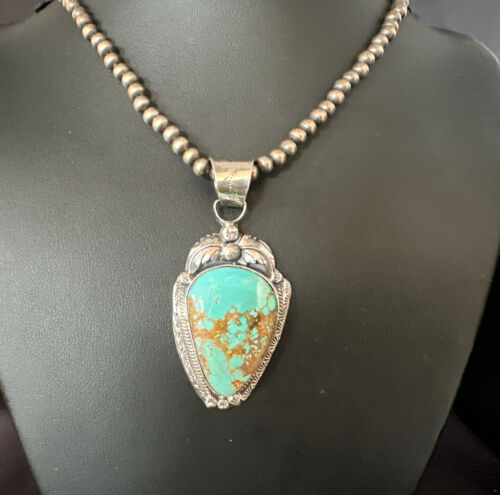 Navajo Pearls Sterling Silver Necklace with Blue Turquoise #8 Pendant | Authentic Native American Handmade | 14857