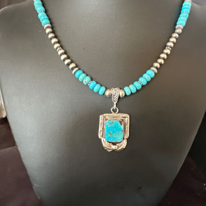 Navajo Blue Turquoise Pendant Necklace | Sterling Silver Pearls | Authentic Native American Handmade | 15420