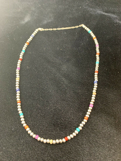 Native American Navajo Pearls Necklace | 4mm Sterling Silver Beads | 16" | Single Strand | 10870