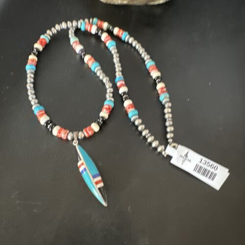 Navajo Turquoise Spiny Oyster Inlay Pendant Necklace | Sterling Silver | Authentic Native American Handmade | 13560