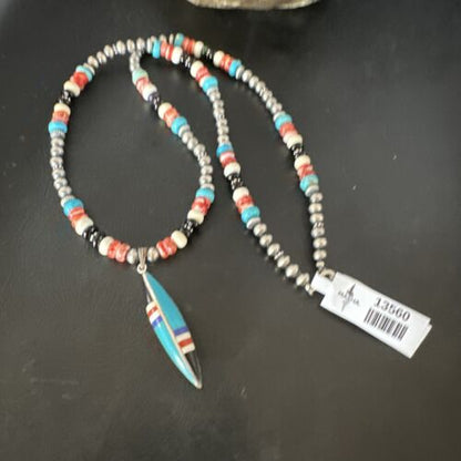 Navajo Turquoise Spiny Oyster Inlay Pendant Necklace | Sterling Silver | Authentic Native American Handmade | 13560