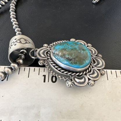 Navajo Blue Kingman Turquoise Pendant Necklace | Sterling Silver | 20" | Authentic Native American Handmade | 16352
