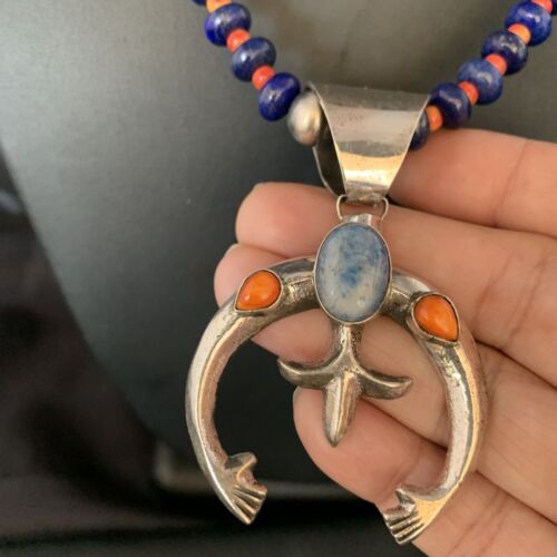 Navajo Blue Lapis Spiny Oyster Naja Pendant Necklace | Sterling Silver | Authentic Native American Handmade | 13708