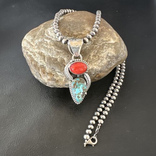 Navajo Blue Turquoise Red Spiny Oyster Pendant Necklace | Sterling Silver | Multi-Stone | 16290 - Masha USA