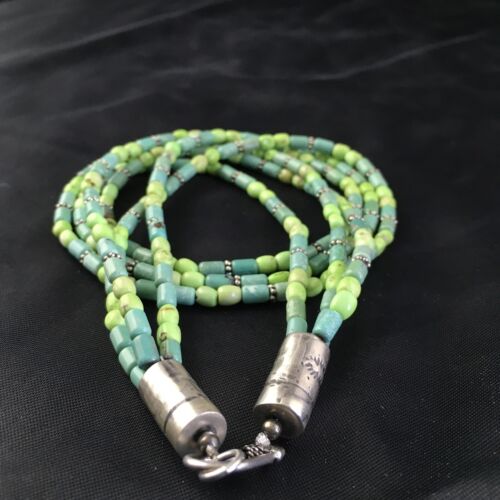 Navajo Blue Green Turquoise Necklace | 3-Strand | Sterling Silver | 17" | Authentic Native American Handmade | 10245