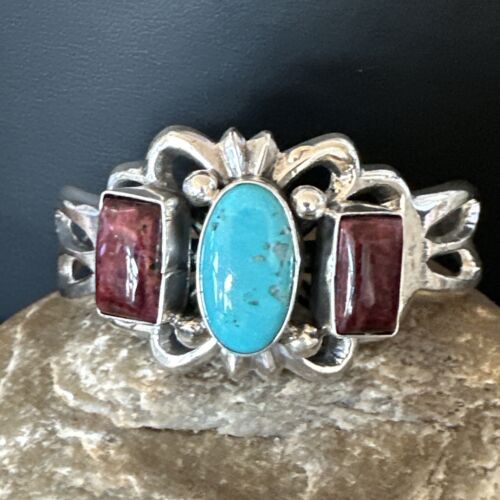 Navajo Kingman Turquoise Spiny Cuff Bracelet | Sterling Silver Tufa Cast | Authentic Native American Handmade | 16407