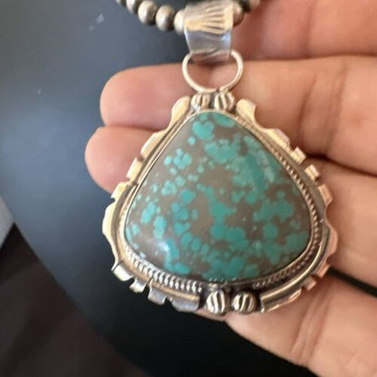 Navajo Men's Blue Turquoise #8 Pendant Necklace | Sterling Silver | Authentic Native American Handmade | 17123