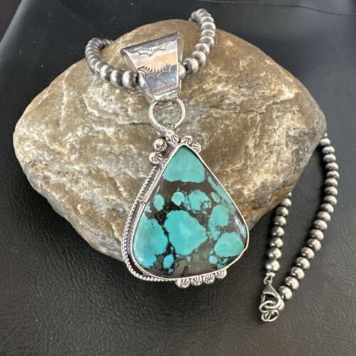 Men's Spiderweb Turquoise Pendant | Navajo Pearls Sterling Silver Necklace | Authentic Native American Handmade | 17068