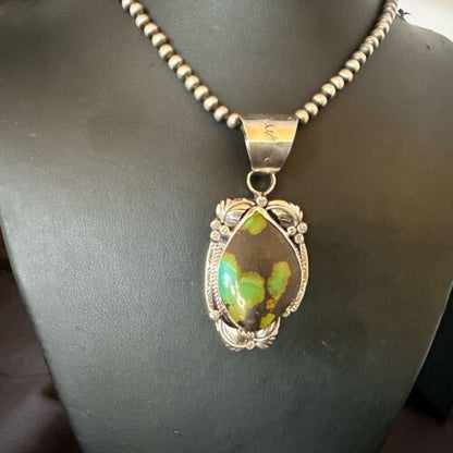 Men's Navajo Green Turquoise Pendant Necklace | Sterling Silver | Authentic Native American Handmade | 17526