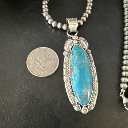 Navajo Kingman Turquoise Pendant Necklace | Sterling Silver Pearls | Authentic Native American Handmade | 15219