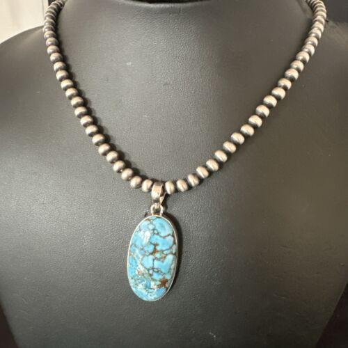 Navajo Blue Spiderweb Turquoise Pendant Necklace | Sterling Silver | Authentic Native American Handmade | 17028