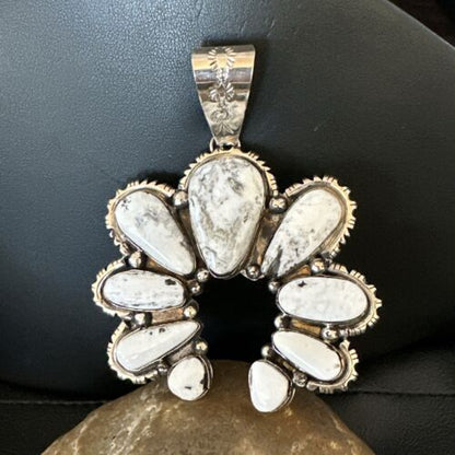 Navajo White Buffalo Turquoise Necklace Naja Pendant | Sterling Silver | Authentic Native American Handmade | 17040