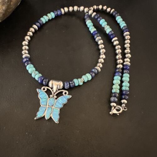Navajo Butterfly Blue Opal Turquoise Inlay Pendant Necklace | Sterling Silver | Native American Handmade | 16760
