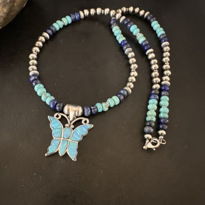 Navajo Butterfly Blue Opal Turquoise Inlay Pendant Necklace | Sterling Silver | Native American Handmade | 16760