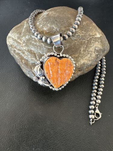 Navajo Orange Spiny Oyster Heart Pendant Necklace | Sterling Silver | Authentic Native American Handmade | 16416