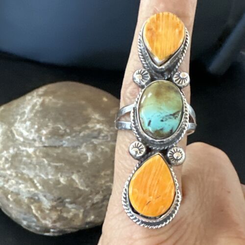Navajo Green Turquoise Spiny Oyster Multi-Stone Ring | Authentic Native American Sterling Silver | Sz 10.5 | 16716