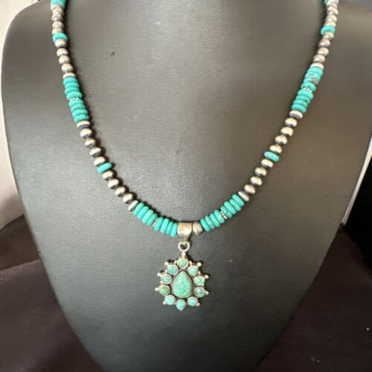 Navajo Blue Turquoise Cluster Pendant Necklace | Sterling Silver | Native American Handmade | 15815