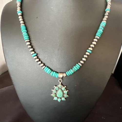 Navajo Blue Turquoise Cluster Pendant Necklace | Sterling Silver | Native American Handmade | 15815